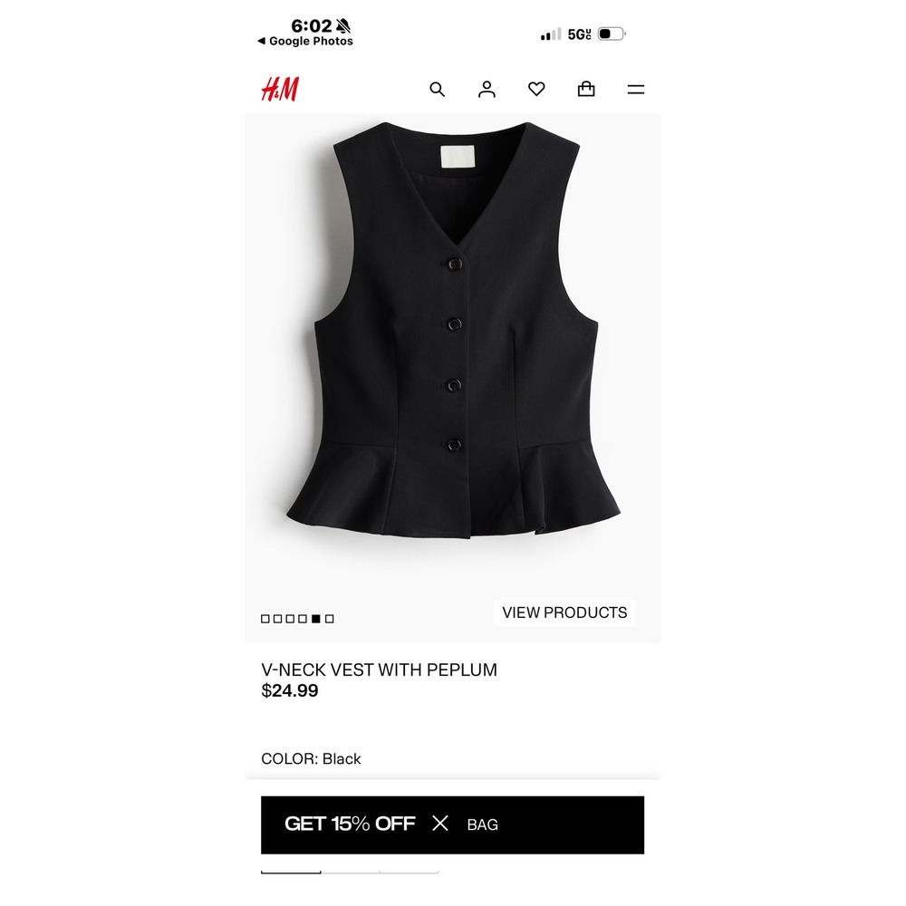 H&M Black V-Neck Peplum Vest Waistcoat Button Front Size Medium